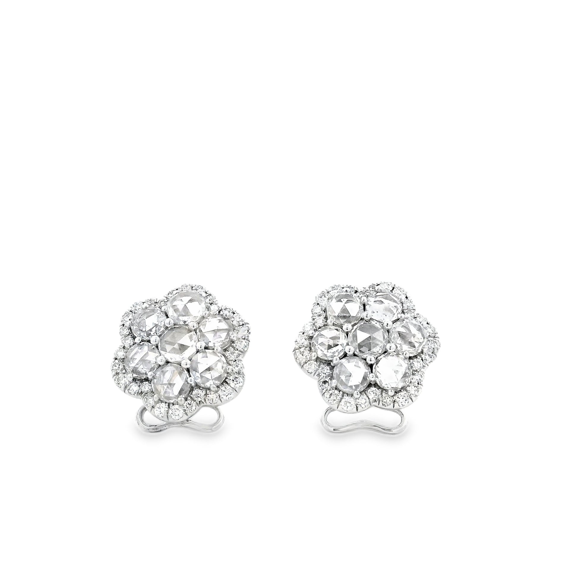14k White Gold 3.60ctw Old Cut Natural Diamond Flower Cluster Button Earrings — left three-quarter angle