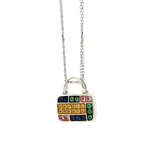 18k White Gold 2.00ctw Multi-Color Sapphire Pavé Purse Pendant Necklace — left three-quarter angle