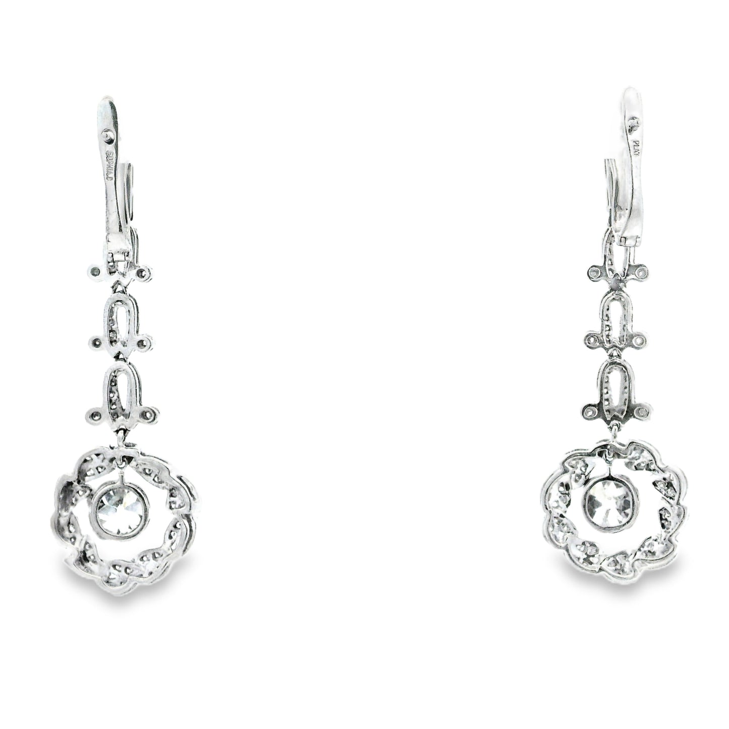 Platinum 3.88ctw Antique Cushion Cut Natural Diamond Dangle Earrings — left three-quarter angle