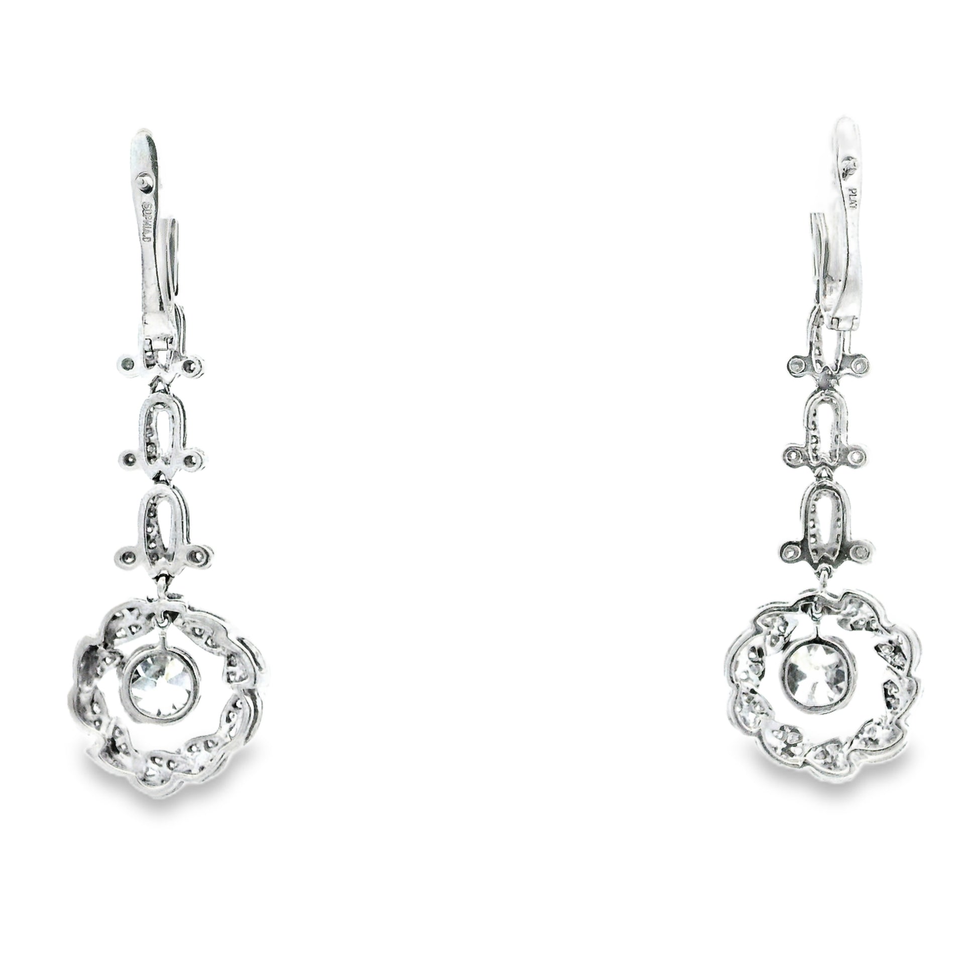 Platinum 3.88ctw Antique Cushion Cut Natural Diamond Dangle Earrings — left three-quarter angle