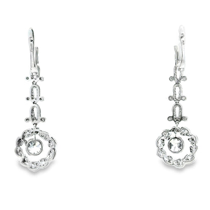 Platinum 3.88ctw Antique Cushion Cut Natural Diamond Dangle Earrings — left three-quarter angle