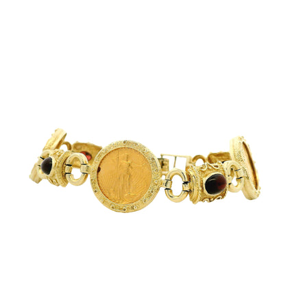 14k Yellow Gold American Eagle Coin Bracelet with Cabochon Gemstones — left three-quarter angle
