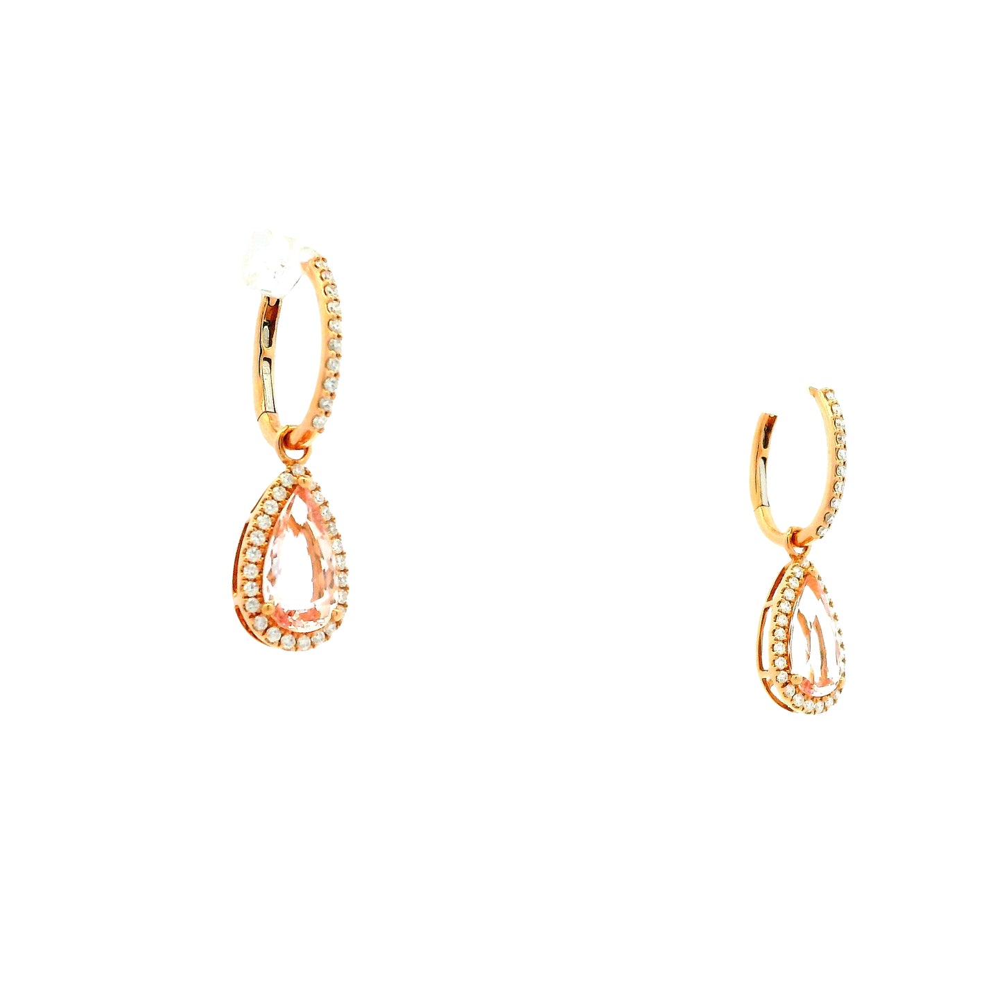 14k Rose Gold 3.44ctw Pear Cut Morganite and 0.49ctw Diamond Pavé Halo Drop Earrings — left three-quarter angle