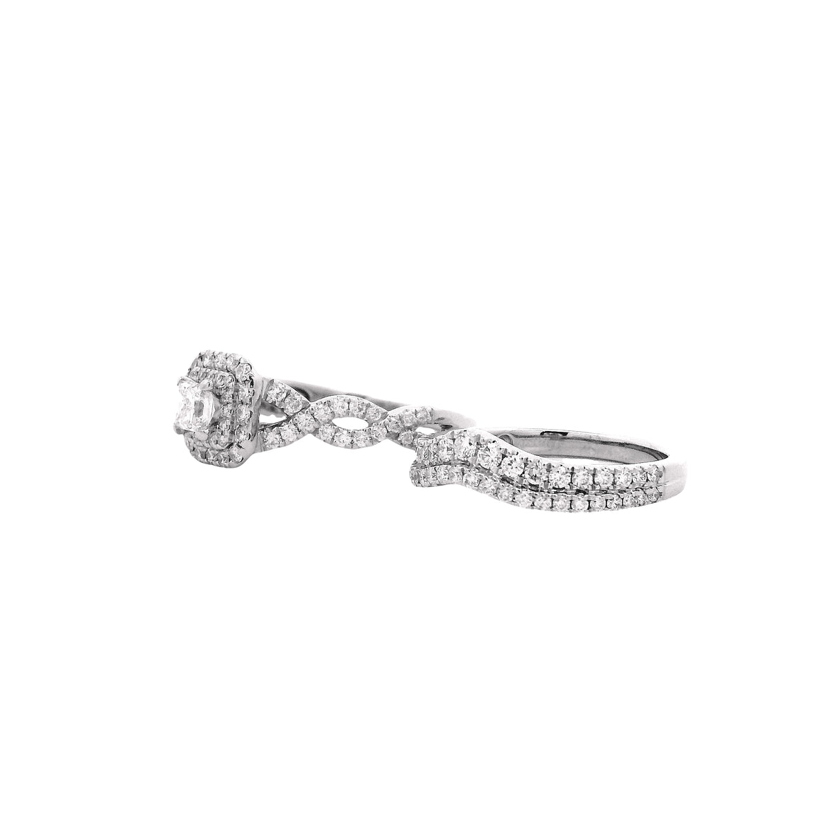 14k White Gold 0.30ct Princess Cut Diamond Double Halo and Wedding Band Engagement Ring Set — left three-quarter angle