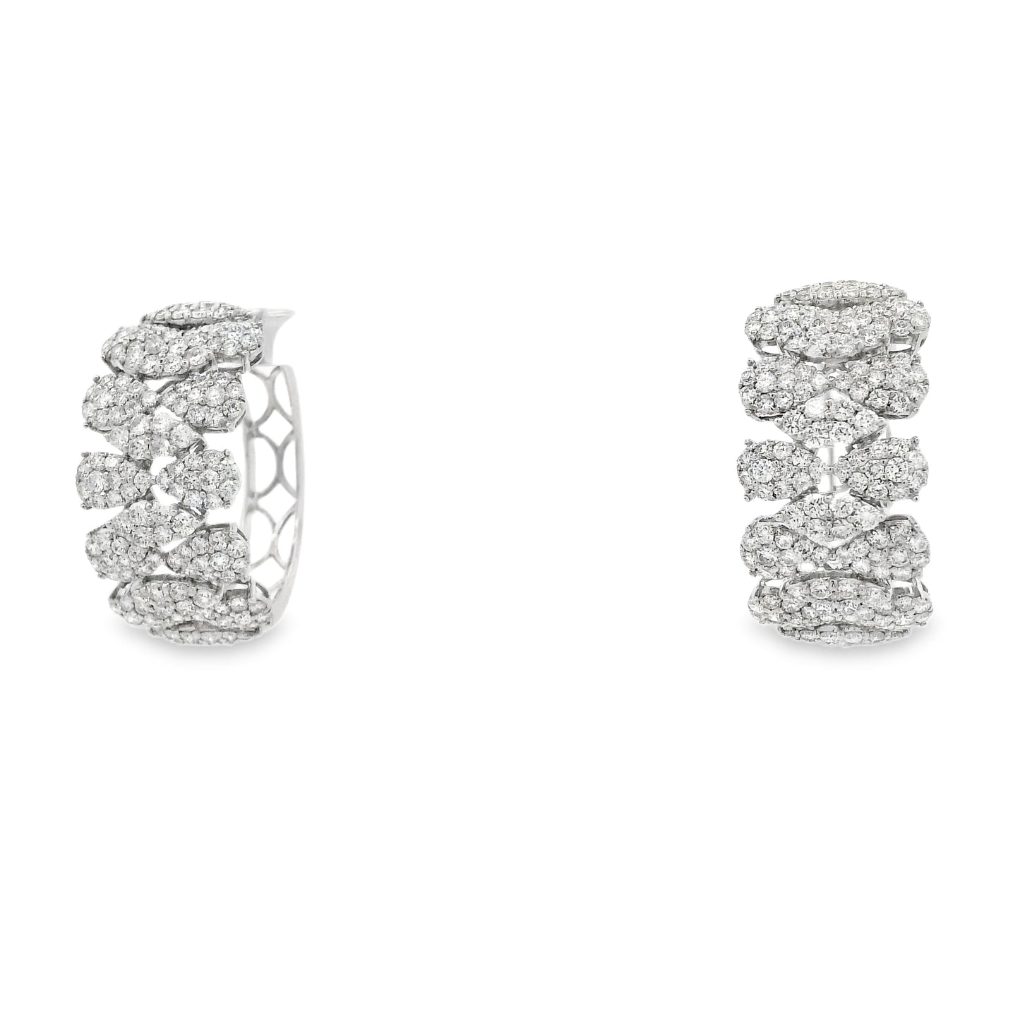 18k White Gold 5.97ctw Round Brilliant Diamond Cluster Pavé Hoop Earrings — left three-quarter angle