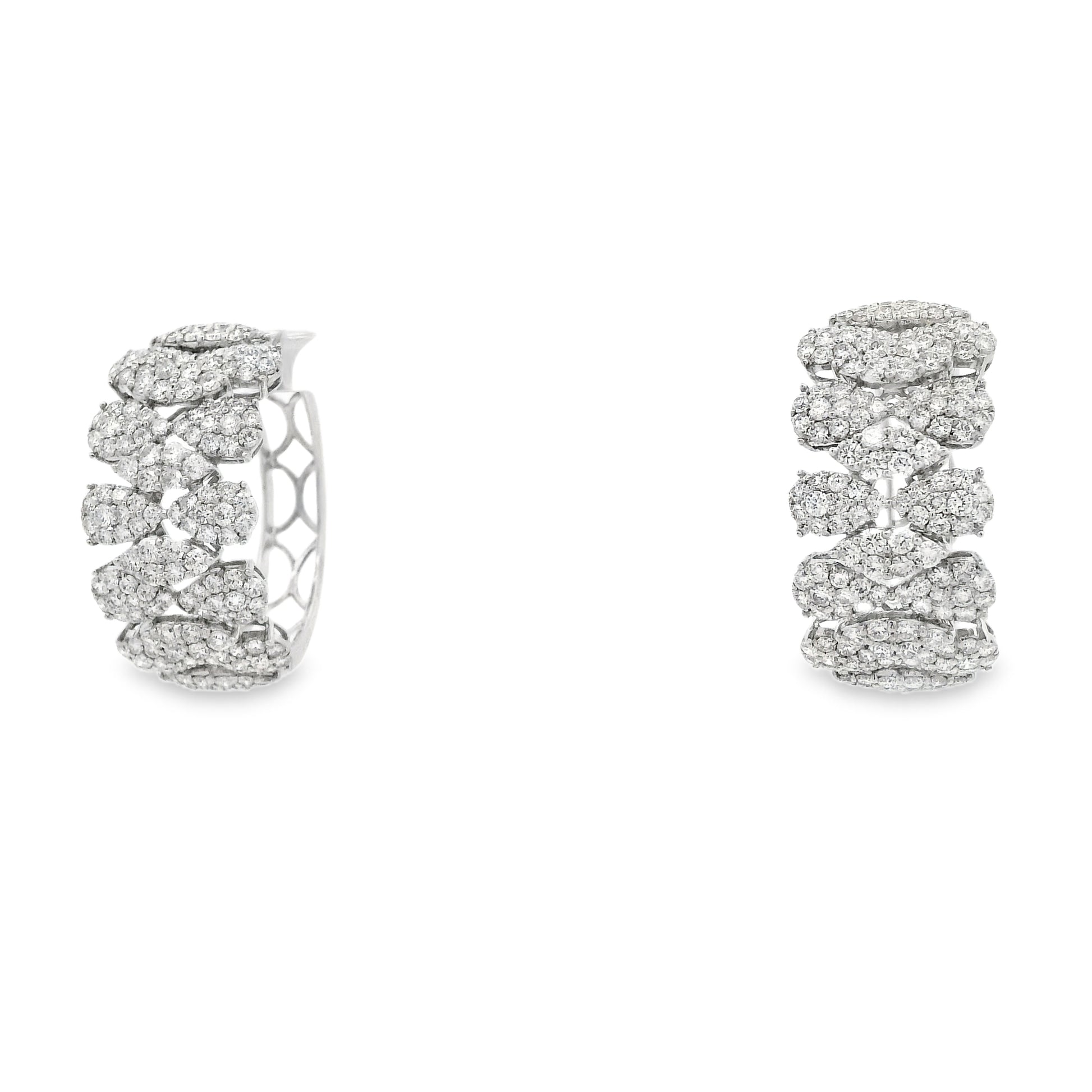 18k White Gold 5.97ctw Round Brilliant Diamond Cluster Pavé Hoop Earrings — left three-quarter angle