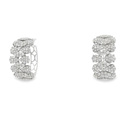 18k White Gold 5.97ctw Round Brilliant Diamond Cluster Pavé Hoop Earrings — left three-quarter angle