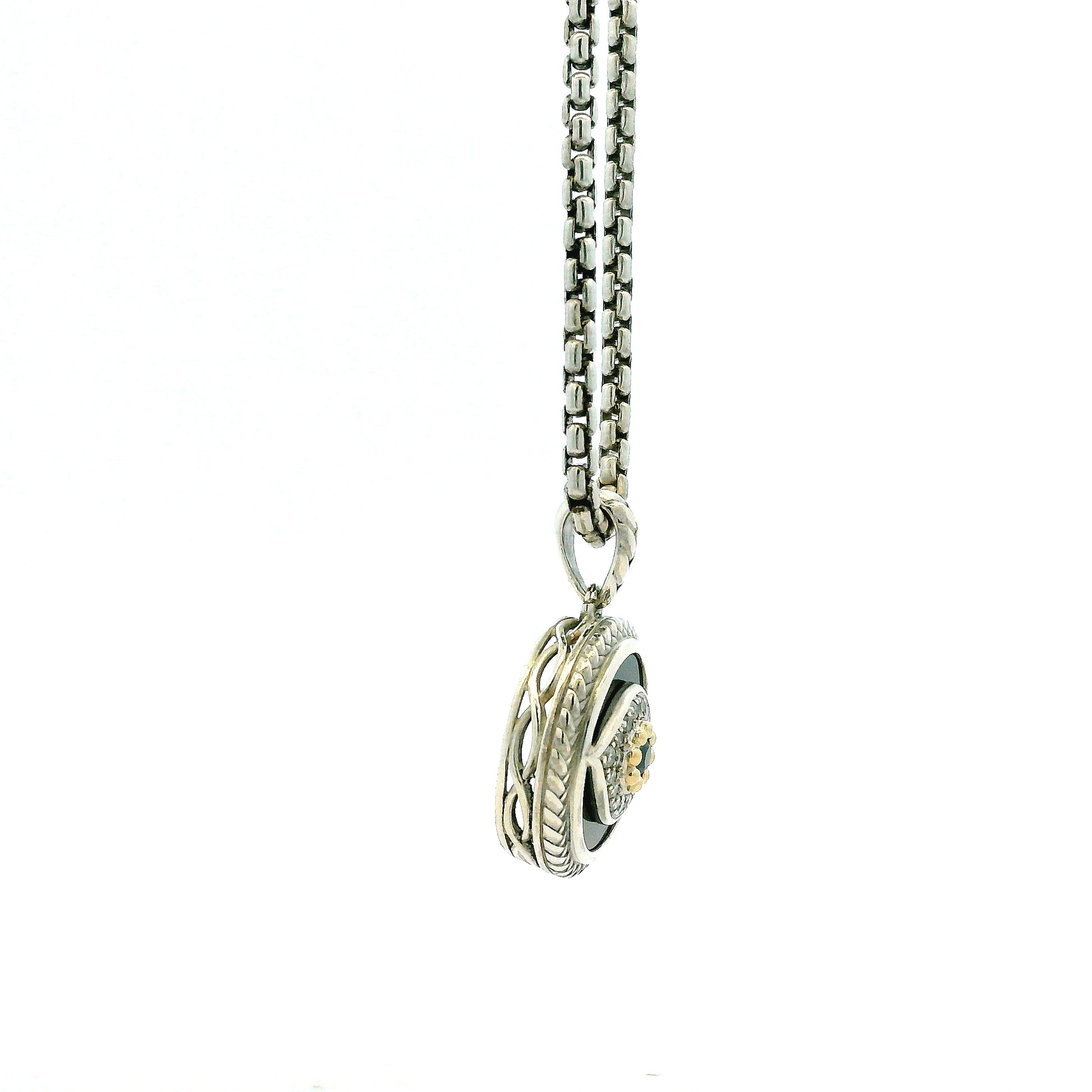 Effy 14k White Gold 1.0ctw Diamond and Onyx Panther Evil Eye Pendant Necklace — left three-quarter angle