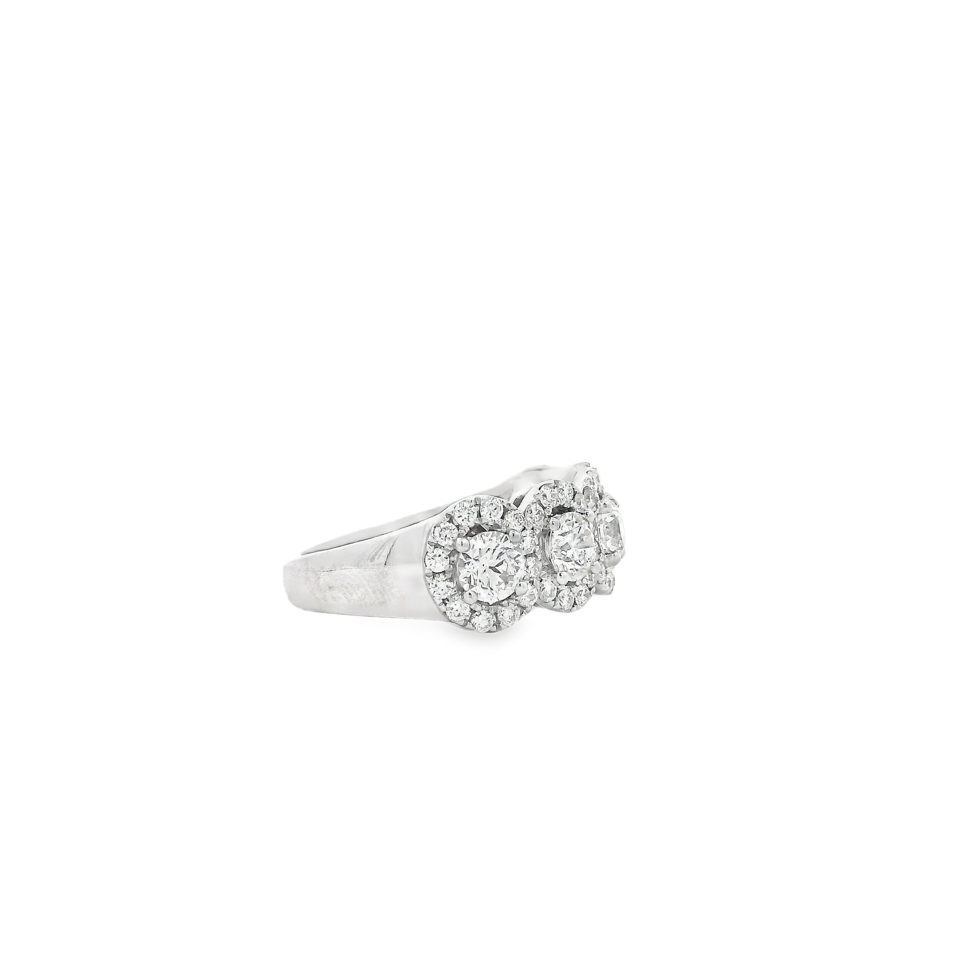 14k White Gold 2.09ctw Round Brilliant Diamond Triple Halo Cluster Cocktail Ring — left three-quarter angle