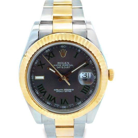 Rolex 116333 Datejust II 41mm Wimbledon Roman Dial Two-Tone Watch — left side three-quarter view