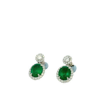 14k White Gold 5.21ctw GIA Certified Natural Green Emerald and Diamond Dangle Earrings — left three-quarter angle