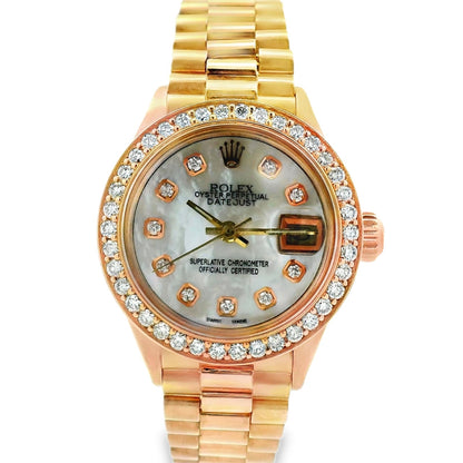 Rolex 6916 Datejust 26mm Mother of Pearl Diamond Dial Rose Gold President Watch — left side three-quarter view
