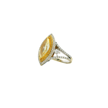 18k Two-Tone Gold 2.01ct Fancy Yellow Marquise Diamond Double Halo Ring with 0.76ctw Accent… — left three-quarter angle