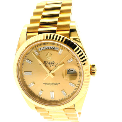 Rolex 228238 Day-Date 40mm Champagne Diamond Dial 18k Yellow Gold Watch — left side three-quarter view
