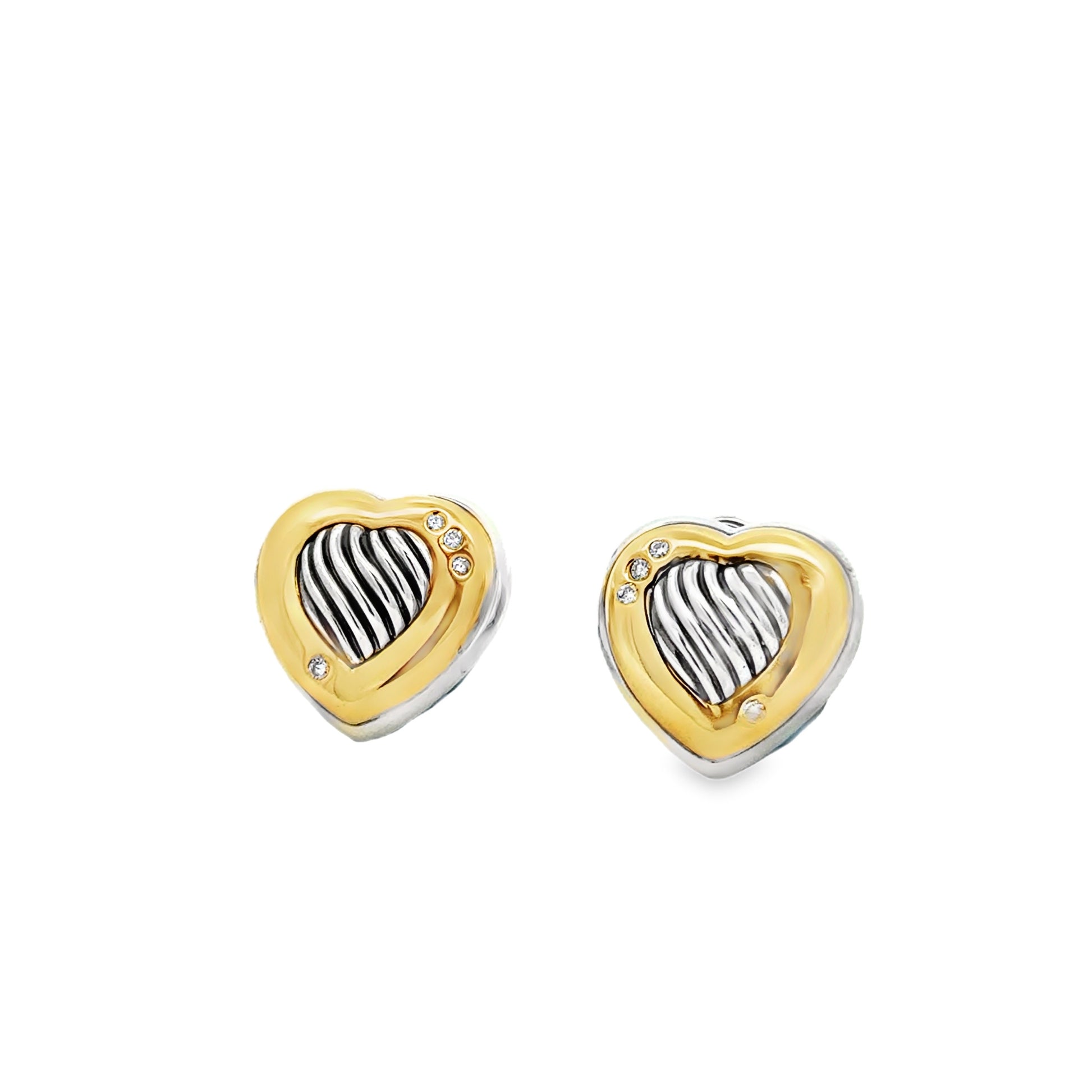 David Yurman 18k Yellow Gold and Sterling Silver 0.10ctw Round Diamond Heart Clip-On Earrings — left three-quarter angle