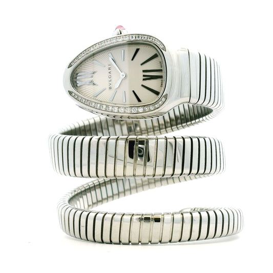 Bvlgari 101910 Serpenti Tubogas 35mm Diamond Bezel Stainless Steel Watch — left side three-quarter view
