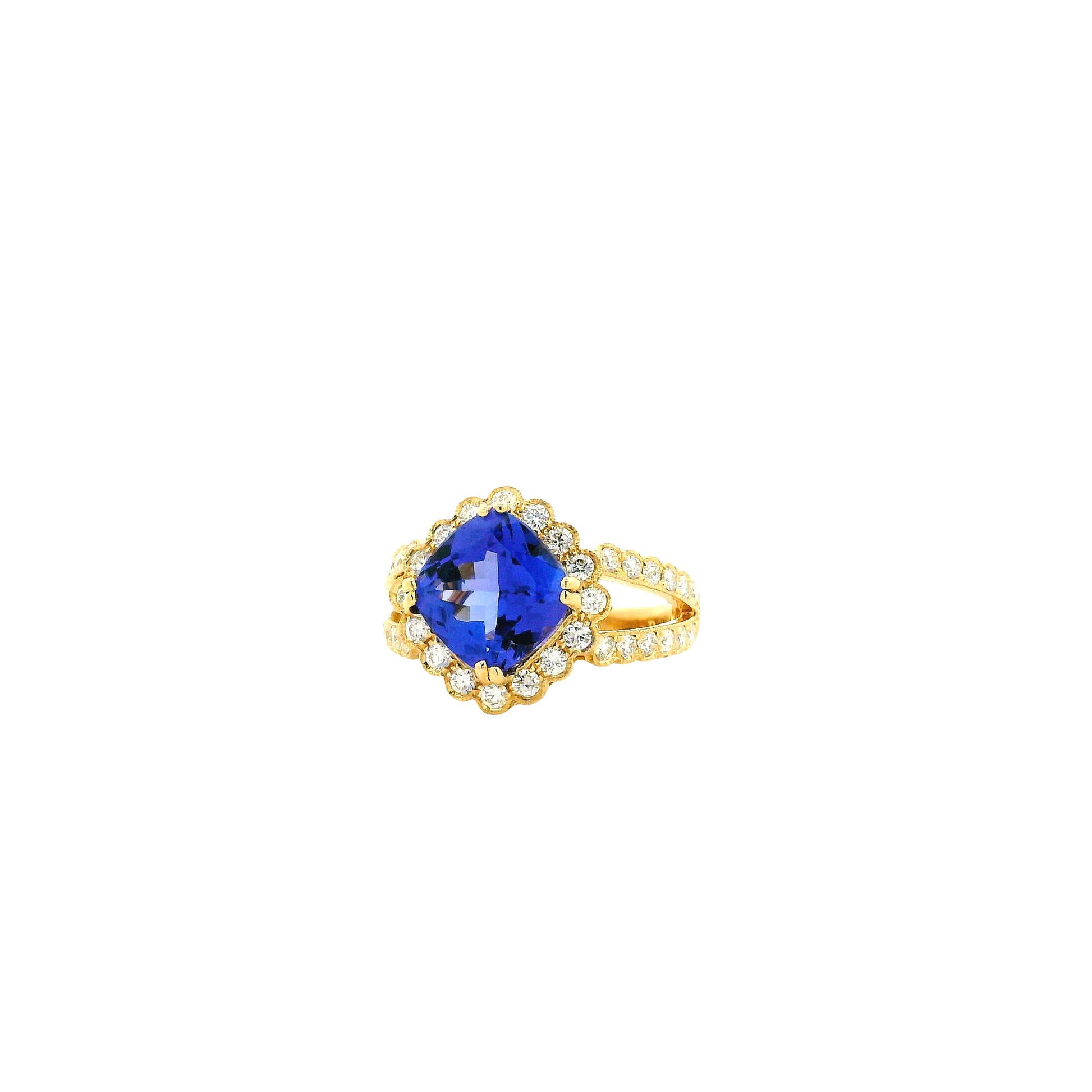 14k Yellow Gold 3.75ct Cushion Cut Tanzanite Halo Cocktail Ring — left three-quarter angle