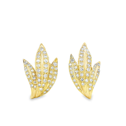 18k Yellow Gold 2.50ctw Round Brilliant Diamond Pavé Leaf Motif Earrings — left three-quarter angle