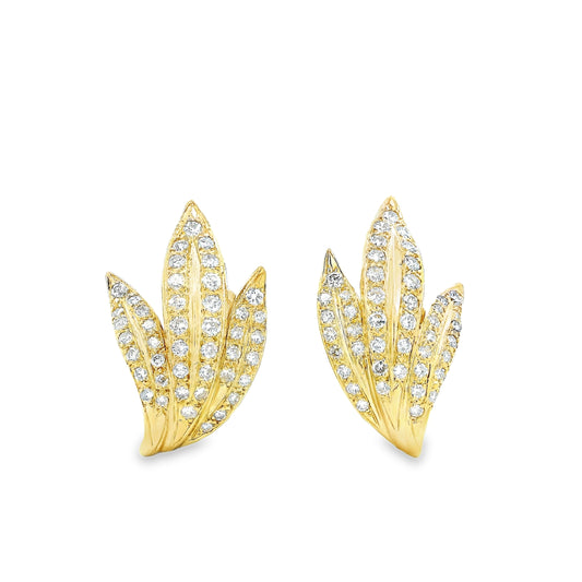 18k Yellow Gold 2.50ctw Round Brilliant Diamond Pavé Leaf Motif Earrings — left three-quarter angle