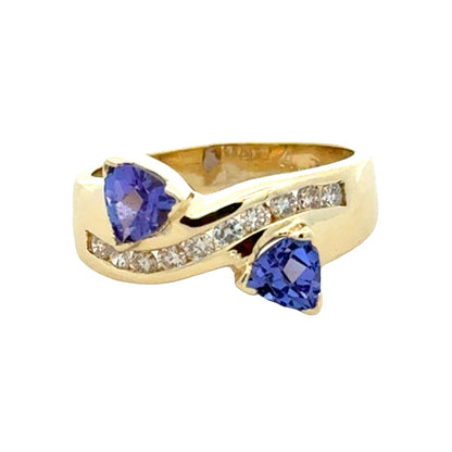 14k Yellow Gold Two-Stone Heart Tanzanite and 0.25ctw Diamond Ring — left three-quarter angle