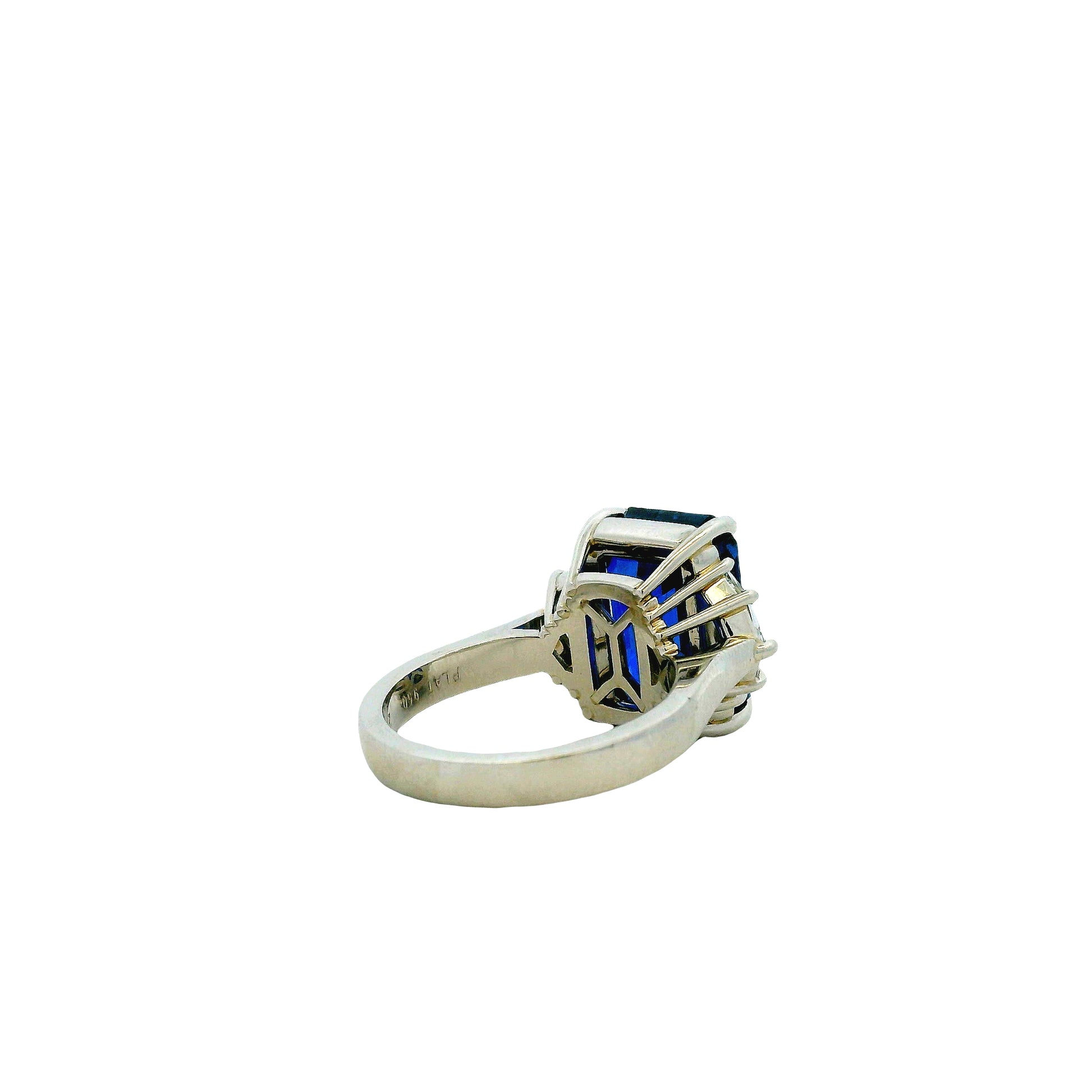 Platinum 10.15ct Emerald Cut Ceylon Royal Blue Sapphire and 0.82ctw Diamond Ring — left three-quarter angle