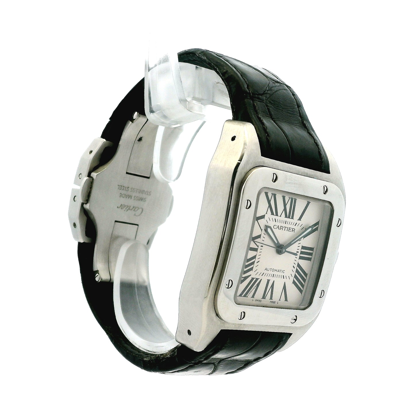 Cartier Santos 35.6mm Roman Numeral Black Strap Stainless Steel Watch — left side three-quarter view