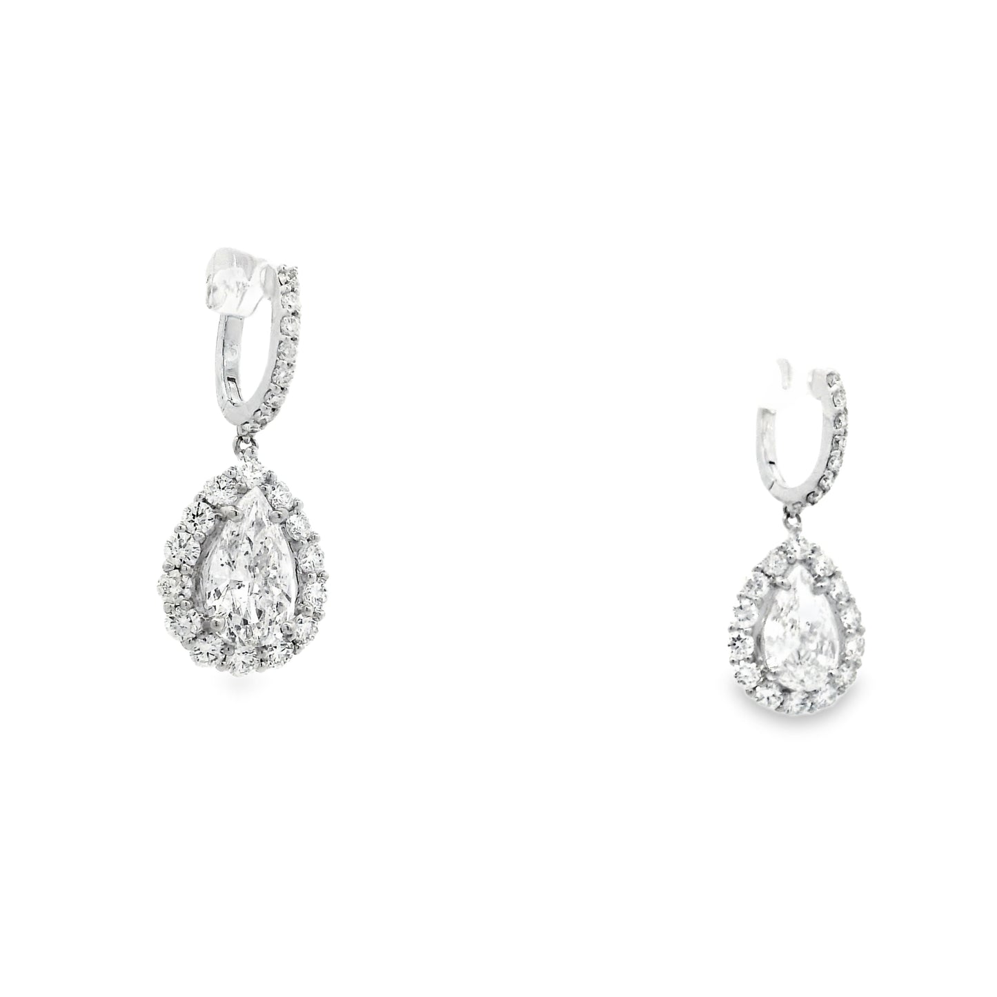 18k White Gold 5.95ctw Pear Cut Diamond Halo Dangle Earrings — left three-quarter angle