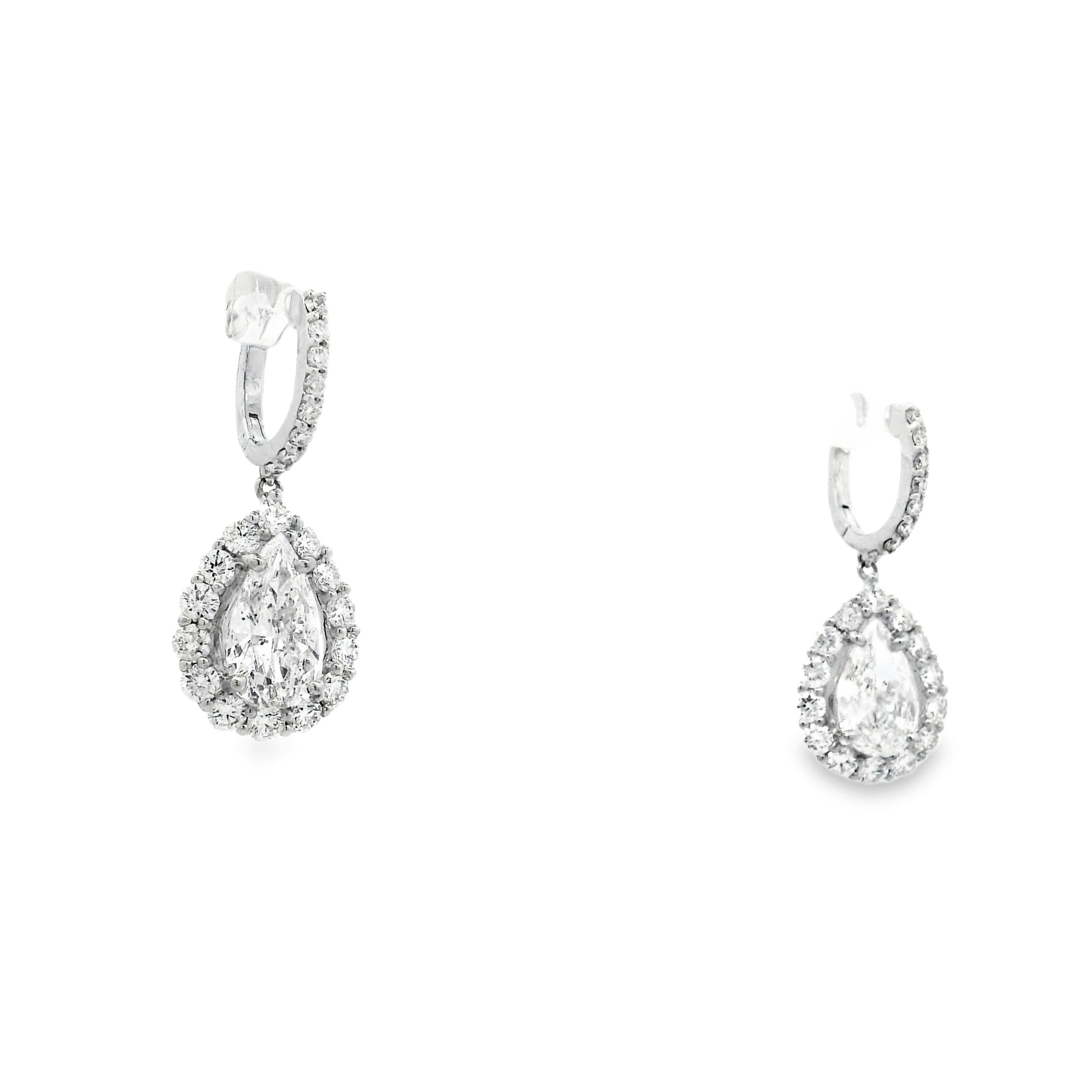 18k White Gold 5.95ctw Pear Cut Diamond Halo Dangle Earrings — left three-quarter angle