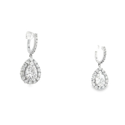 18k White Gold 5.95ctw Pear Cut Diamond Halo Dangle Earrings — left three-quarter angle