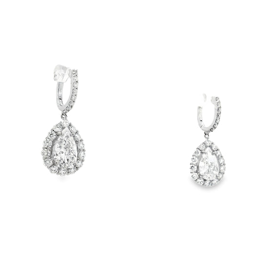 18k White Gold 5.95ctw Pear Cut Diamond Halo Dangle Earrings — left three-quarter angle