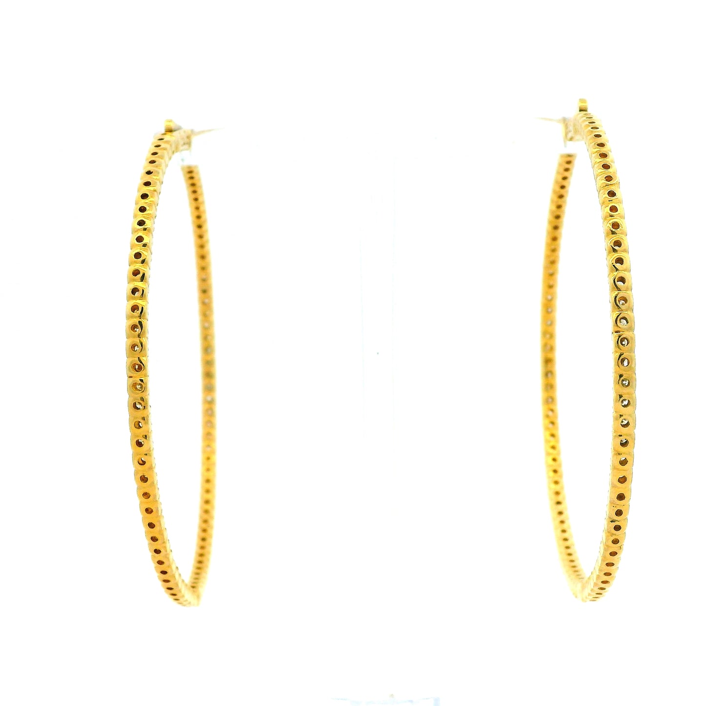 14k Yellow Gold 4.92ctw Natural Round Brilliant Inside-Out Giant Hoop Earrings — left three-quarter angle