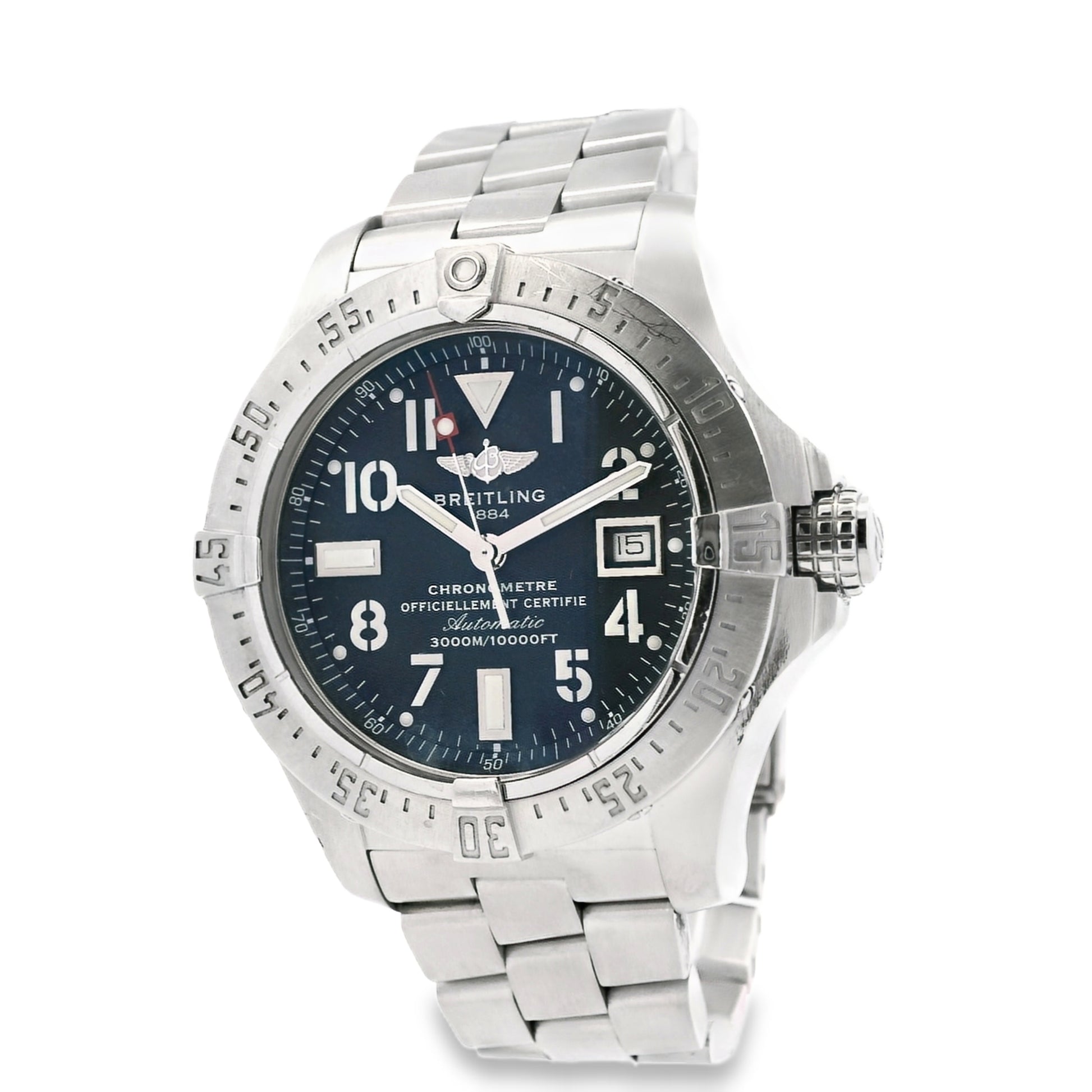 Breitling A1733010 Avenger Seawolf 44mm Blue Dial Stainless Steel Watch — left side three-quarter view