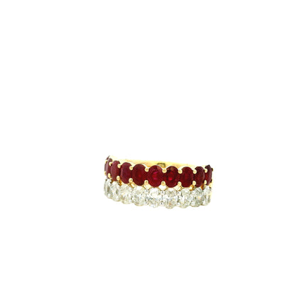 14k Yellow Gold 1.51ct Oval Diamond and 2.10ctw Ruby Two Row Cocktail Ring — left three-quarter angle