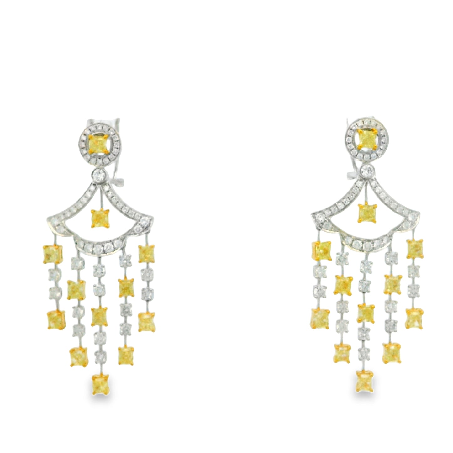 18k Two-Tone Gold 5.86ct Fancy Yellow and 2.71ctw Round Brilliant Diamond Dangle Earrings — left three-quarter angle