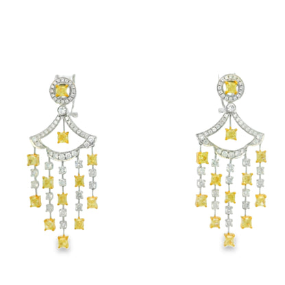 18k Two-Tone Gold 5.86ct Fancy Yellow and 2.71ctw Round Brilliant Diamond Dangle Earrings — left three-quarter angle