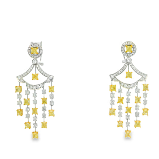 18k Two-Tone Gold 5.86ct Fancy Yellow and 2.71ctw Round Brilliant Diamond Dangle Earrings — left three-quarter angle