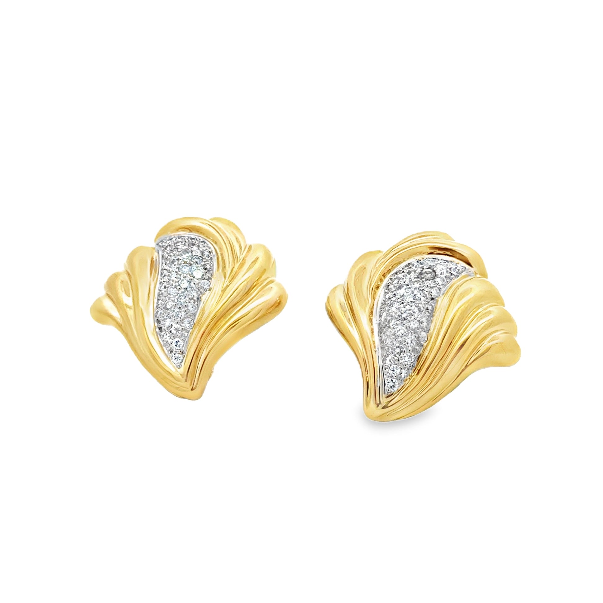 14k Yellow Gold 2.0ctw Round Brilliant Diamond Vintage Swirl Clip-On Earrings — left three-quarter angle
