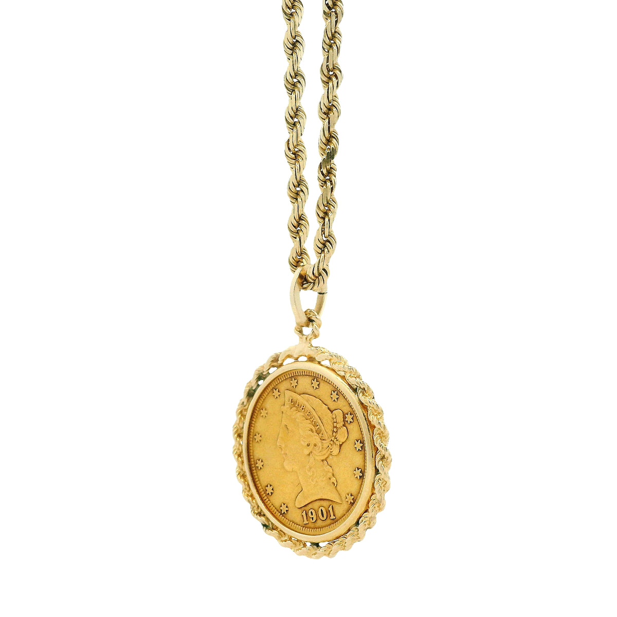 14k Yellow Gold Rope Chain Necklace with 1901 Liberty Head $5 Gold Coin Pendant 24" — left three-quarter angle