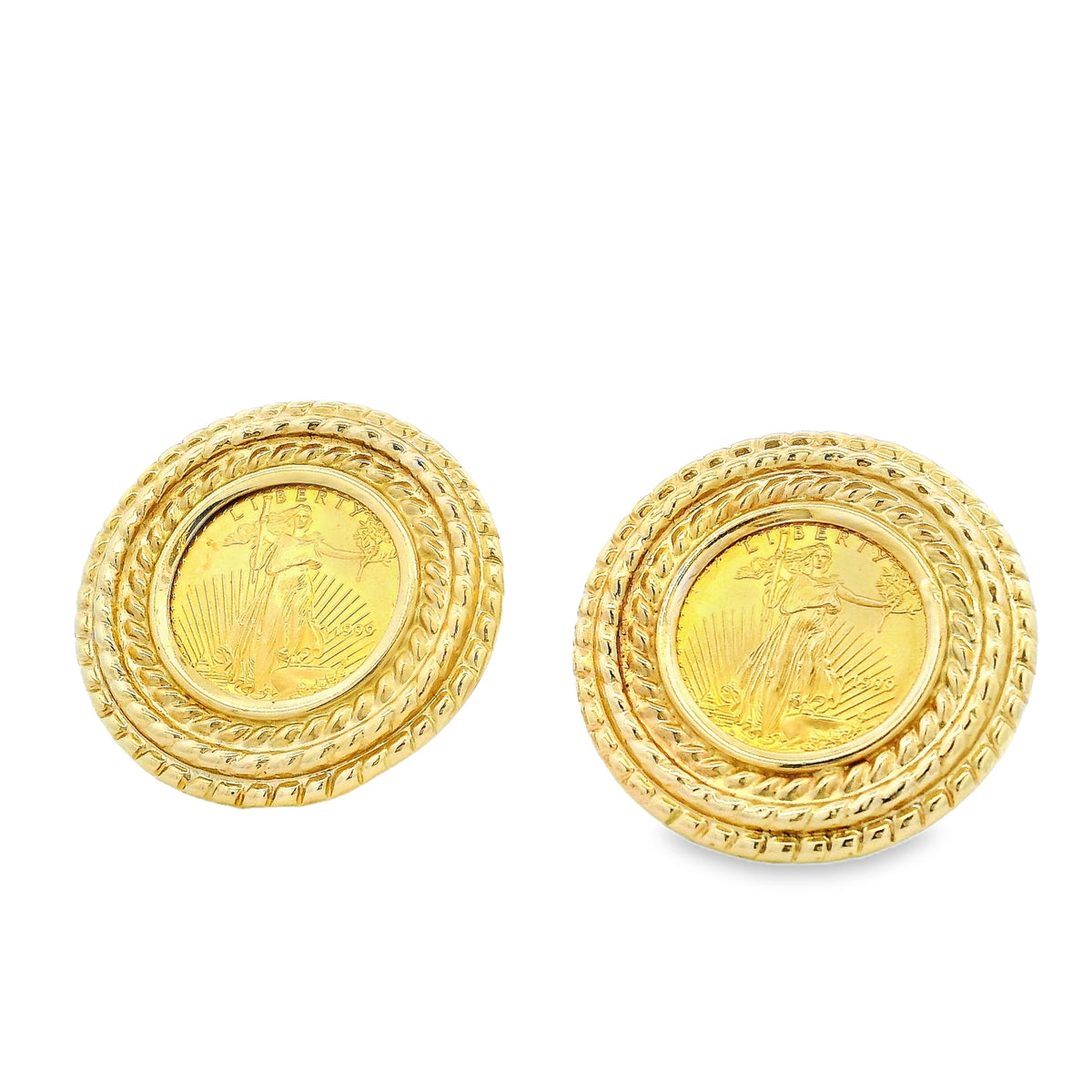 14k Yellow Gold 1999 $5 Liberty Coin Clip-Back Earrings — left three-quarter angle