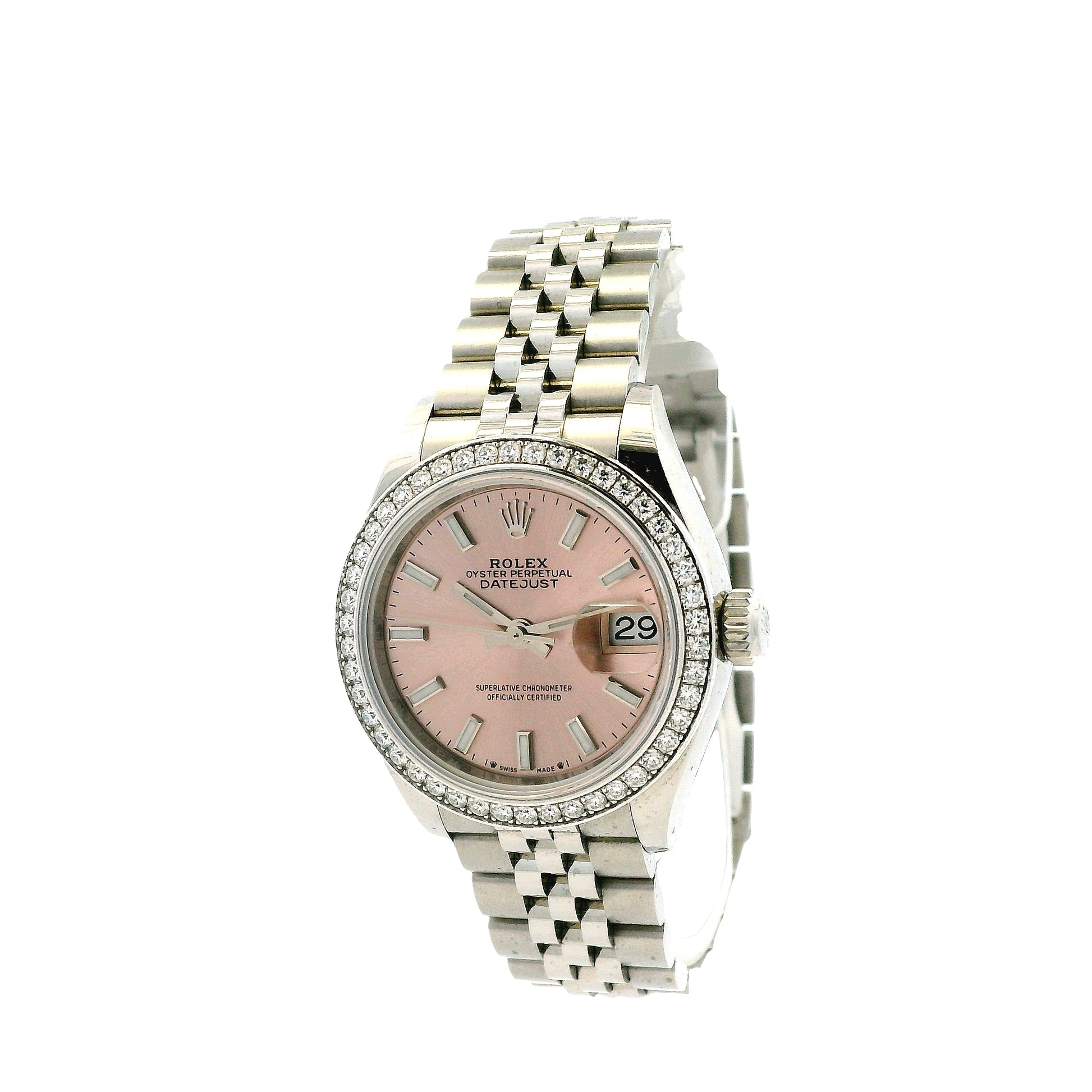 Rolex 279384RBR Datejust 28mm Pink Dial Diamond Bezel Stainless Steel Watch — left side three-quarter view