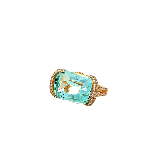 18k Yellow Gold 17.68ct Cushion Cut Aquamarine Halo Cocktail Ring — left three-quarter angle