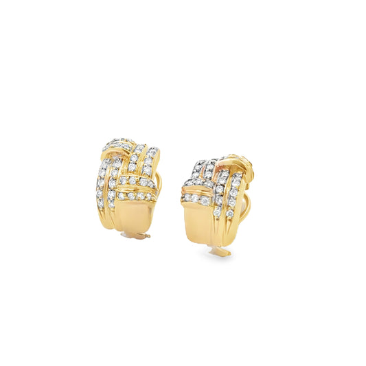 14k Yellow Gold 0.75ctw Round Brilliant Diamond Crossover Hoop Earrings — left three-quarter angle