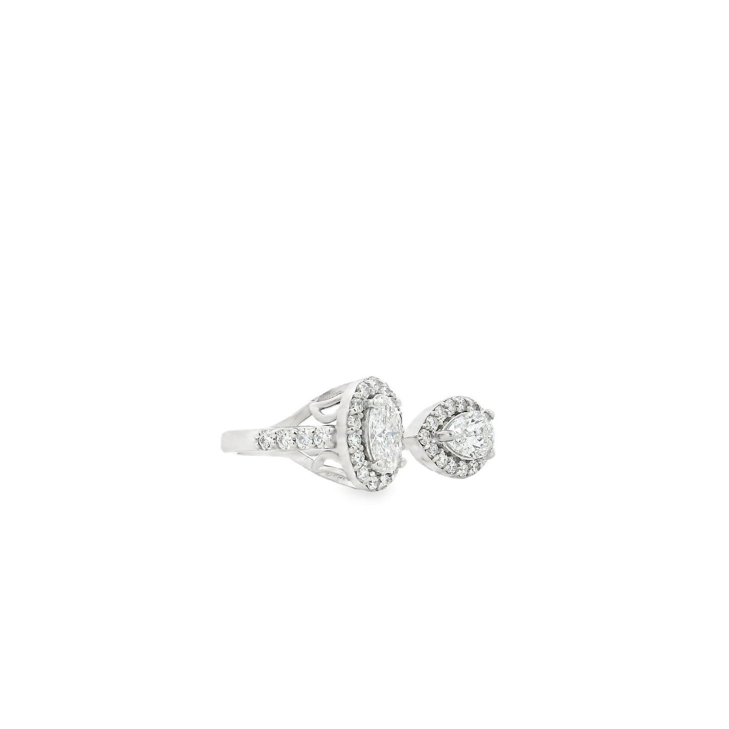 14k White Gold 1.49ctw Oval & Pear Cut Diamond Pavé Halo Toi et Moi Ring — left three-quarter angle