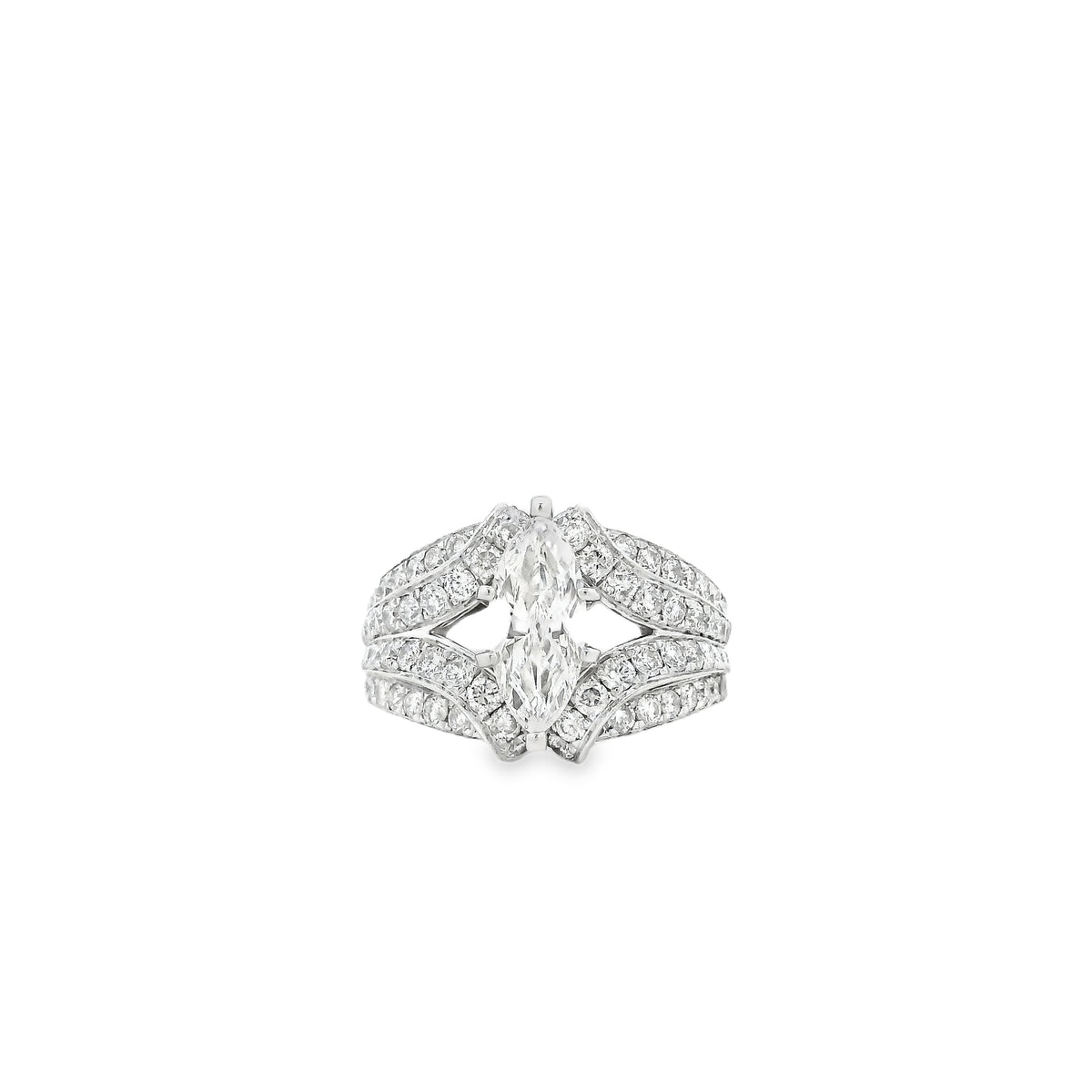 14k White Gold 0.90ct Marquise Diamond and 2.0ctw Round Brilliant Diamond Ring — left three-quarter angle