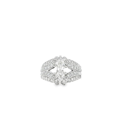 14k White Gold 0.90ct Marquise Diamond and 2.0ctw Round Brilliant Diamond Ring — left three-quarter angle