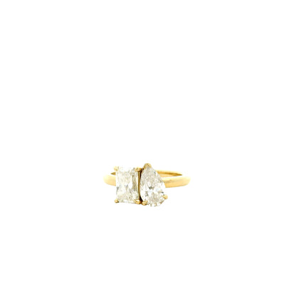 14k Yellow Gold GIA Certified 1.01ct Rectangular Brilliant and 0.80ct Pear Cut Diamond Toi Et Moi… — left three-quarter angle
