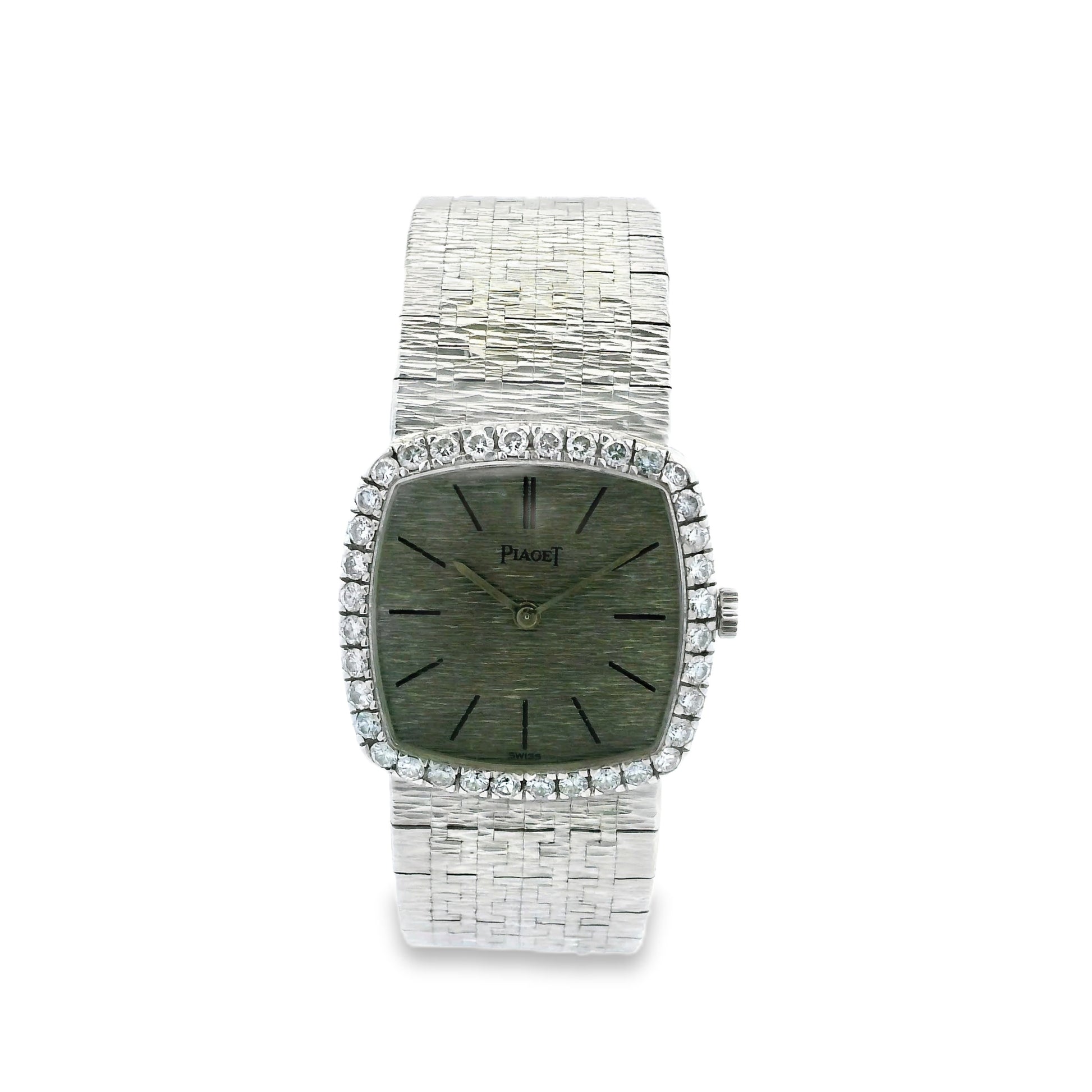 Piaget 9236 A6 18k White Gold Diamond Bezel 23mm Silver Dial Ladies Watch — left side three-quarter view