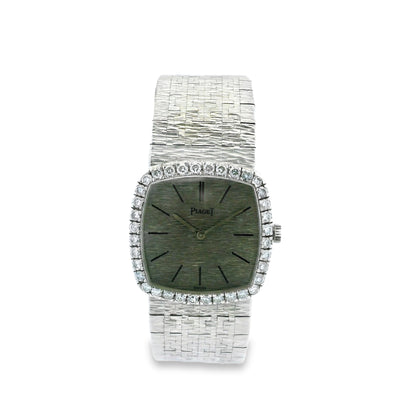Piaget 9236 A6 18k White Gold Diamond Bezel 23mm Silver Dial Ladies Watch — left side three-quarter view