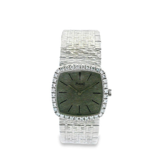 Piaget 9236 A6 18k White Gold Diamond Bezel 23mm Silver Dial Ladies Watch — left side three-quarter view