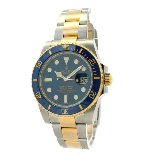 Rolex 116613LB Submariner 40mm Blue Dial Two-Tone Oyster Bracelet Watch — left side three-quarter view